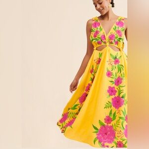 Farm Rio Dress L Yellow Romantic Garden Midi Cutouts Festivalwear Cottagecore